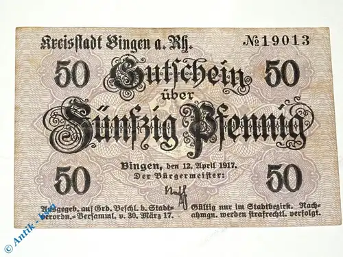 Notgeld Bingen , 50 Pfennig Schein , Tieste 0630.05.01 , von 1917 , Hessen Verkehrsausgabe