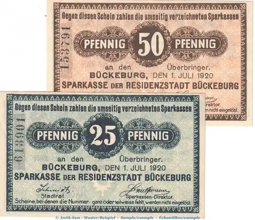 Notgeld Bückeburg , Set mit 2 Scheinen , Tieste 0990.05.10 und 11 , von 1920 , Niedersachsen Verkehrsausgabe