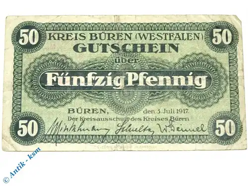Notgeld Büren , 50 Pfennig Schein mit Wz , Tieste 1010.05.01 , von 1917 , Westfalen Verkehrsausgabe