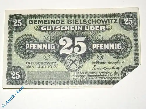 Notgeld Bielschowitz , 25 Pfennig Musterscheinen o. Kn , Tieste 0625.05.10.M , von 1917 , Oberschlesien Verkehrsausgabe