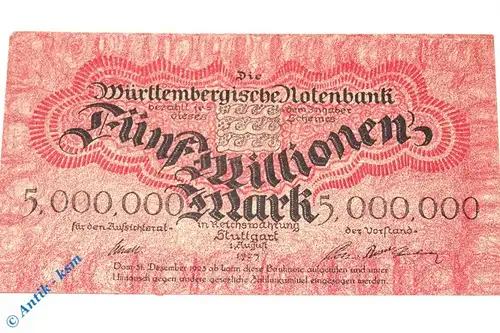 Länderbanknote über 5 Millionen Mark von 1923 , WTB-19 , Ros 779 , S988 , Banknote vom 01.08.1923 , Württemberg