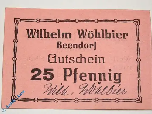 Notgeld Beendorf , 25 Pfennig Schein , Wöhlbier , Tieste 0375.10.02 b , Niedersachsen Verkehrsausgabe