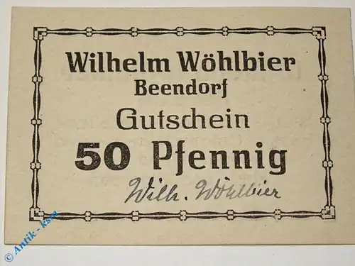Notgeld Beendorf , 50 Pfennig Schein , Wöhlbier , Tieste 0375.10.03 b , Niedersachsen Verkehrsausgabe