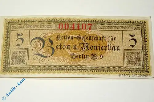 Notgeld Berlin , Beton und Monierbau , 5 Pfennig Schein , Tieste 0460.035.01 , Brandenburg Verkehrsausgabe
