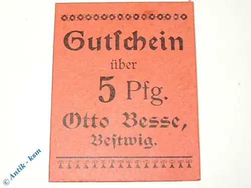 Notgeld Bestwig , Otto Besse , 5 Pfennig Schein , Tieste 0560.05.05 , Westfalen Verkehrsausgabe