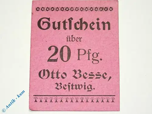 Notgeld Bestwig , Otto Besse , 20 Pfennig Schein , Tieste 0560.05.03.A , Westfalen Verkehrsausgabe