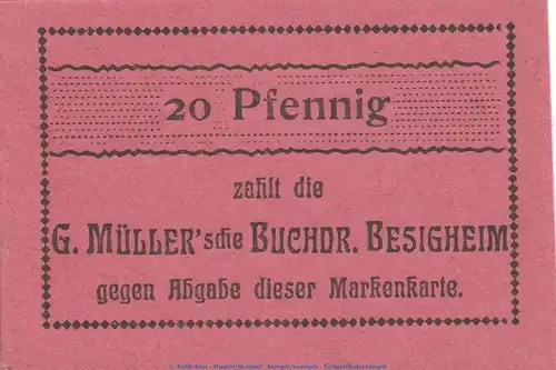 Notgeld Buchdruckerei Besigheim 0555.05.02 , 20 Pfennig Schein in kfr. o.D. , Württemberg Verkehrsausgabe