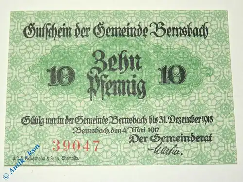 Notgeld Bernsbach , 10 Pfennig Schein , Tieste 0545.05.01 , von 1917 , Sachsen Verkehrsausgabe