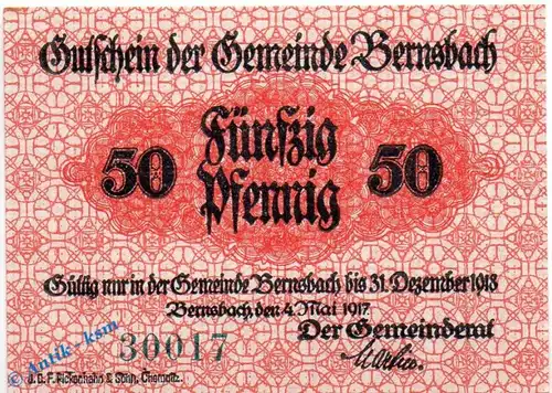 Notgeld Bernsbach , 50 Pfennig Schein in kfr. Tieste 0545.05.02 , von 1917 , Sachsen Verkehrsausgabe