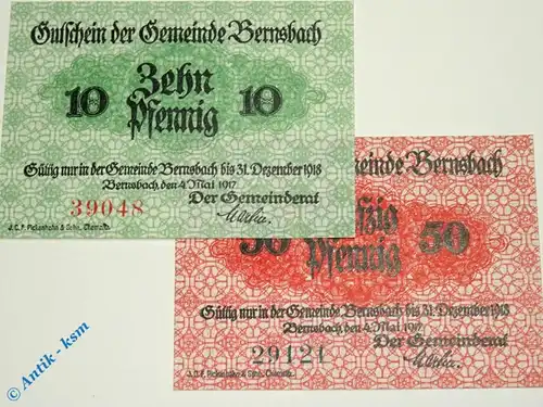 Notgeld Bernsbach , Set mit 2 Scheinen , Tieste 0545.05.01 und 02 , von 1917 , Sachsen Verkehrsausgabe
