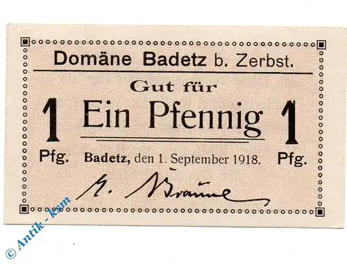 Notgeld Badetz bei Zerbst , 1 Pfennig Schein , Tieste 0295.05.01 , von 1918 , Anhalt Verkehrsausgabe
