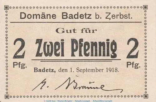 Notgeld Badetz bei Zerbst , 2 Pfennig Schein , Tieste 0295.05.02 , von 1918 , Anhalt Verkehrsausgabe