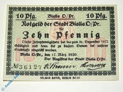 Bialla , Notgeld 10 Pfennig Schein in kfr. Tieste 0595.05.15 , von 1920  Ostpreussen 1920 Verkehrsausgabe