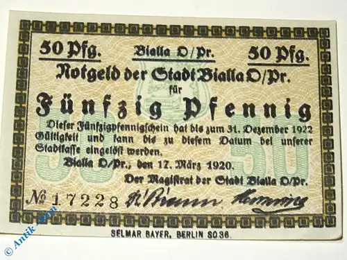 Notgeld Bialla , 50 Pfennig Schein , Tieste 0595.05.17 , von 1920 , Ostpreussen Verkehrsausgabe