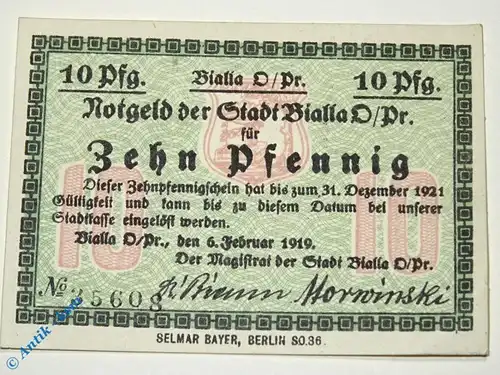 Notgeld Bialla , 10 Pfennig Schein bis 1921 , Tieste 0595.05.10 , von 1920 , Ostpreussen Verkehrsausgabe