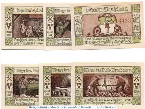 Notgeld Staßfurt , Set mit 6 Scheinen in kfr. Mehl Grabowski 1256.2.b , von 1921 , Sachsen Anhalt Seriennotgeld