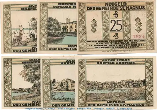 Notgeld Gemeinde St. Magnus 1166.2.a , Set mit 6 Scheinen gelb und rauh in kfr. von 1921 , Bremen Seriennotgeld