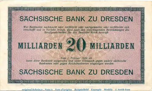 Banknote Sachsen , 20 Milliarden Mark SAX-22, Ros.760, S.966 in f-kfr , 1923 Länderbanknote