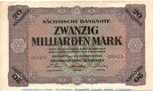 Banknote Sachsen , 20 Milliarden Mark SAX-22, Ros.760, S.966 in f-kfr , 1923 Länderbanknote