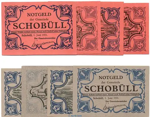 Notgeld Gemeinde Schobüll 1194.7-8 , 2 Sets mit 8 Scheinen in kfr. von 1921 , Schleswig Holstein Seriennotgeld