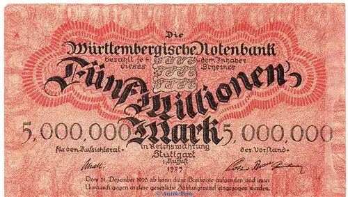 Länderbanknote , 5 Millionen Mark Schein in gbr. WTB-19, Ros.779, S.988 , vom 01.08.1923 , Württembergische Notenbank