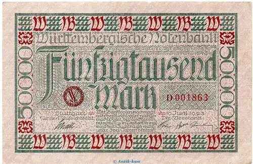 Länderbanknote , 50.000 Mark Schein in gbr. WTB-14, Ros.774, S.984 , vom 10.06.1923 , Württembergische Notenbank