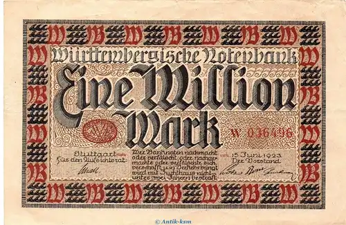 Länderbanknote , 1 Million Mark Schein in gbr. WTB-17, Ros.777, S.986 , vom 15.06.1923 , Württembergische Notenbank