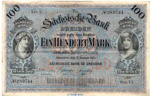 Reichsbanknote , 100 Mark Schein in gbr. SAX-8.a, Ros.746, S.952 , vom 02.01.1911 , Kaiserreich - Länderbanknote Sachsen