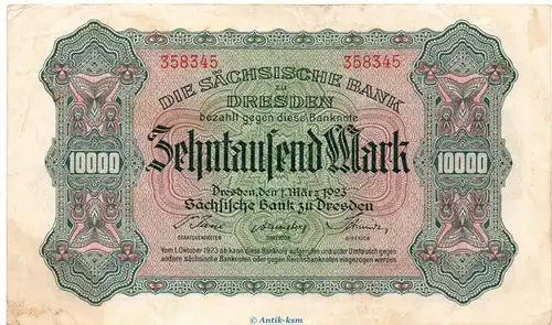 Reichsbanknote , 10.000 Mark Schein in gbr. SAX-13, Ros.751, S.958 , vom 01.03.1923 , Weimarer Republik - Länderbanknote Sachsen