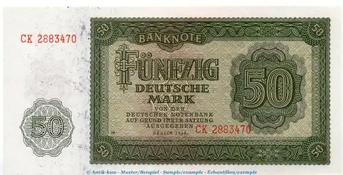 Banknote , 50 Mark Schein in kfr. DDR-7.a, Ros.345, P.14 , von 1948 , Deutsche Notenbank
