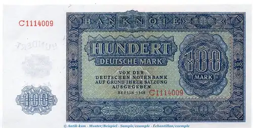 Banknote , 100 Mark Schein in kfr. SBZ-17, Ros.346, P.15 , von 1948 , Deutsche Notenbank