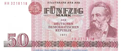 Banknote , 50 Mark Schein in kfr. DDR-22.a,c Ros.360, P.30 von 1971 , DDR Staatsbank