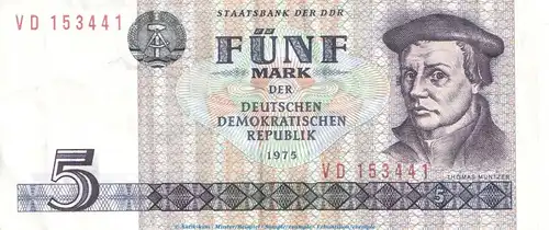 Banknote , 5 Mark Schein in gbr. DDR-23.a,c Ros.361, P.27 von 1975 , DDR Staatsbank
