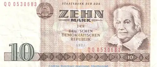 Banknote , 10 Mark Schein in gbr. DDR-21.a,c Ros.359, P.28 von 1971 , DDR Staatsbank