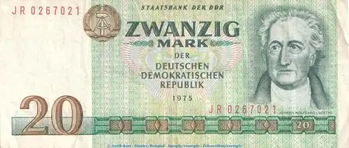 Banknote , 20 Mark Schein in gbr. DDR-24.a,c Ros.362, P.29 von 1975 , DDR Staatsbank