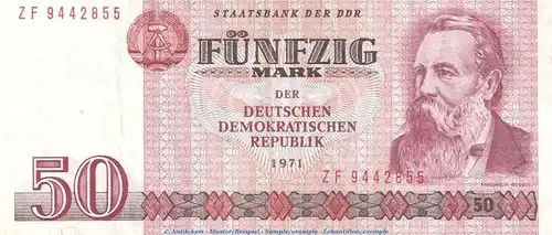 Banknote , 50 Mark Austauschnote in gbr. DDR-22.d Ros.360, P.30 von 1971 , DDR Staatsbank