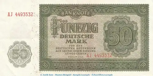 Banknote , 50 Mark Schein in f-kfr. DDR-7.a, Ros.345, P.14 , von 1948 , Deutsche Notenbank