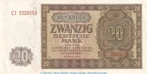 Banknote , 20 Mark Schein in f-kfr. DDR-6, Ros.344, P.13 , von 1948 , Deutsche Notenbank