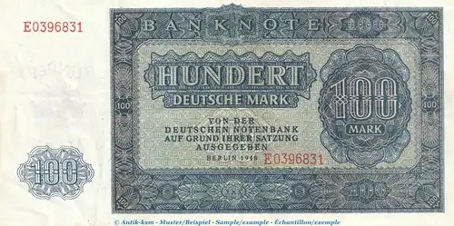 Banknote , 100 Mark Schein in L-gbr. SBZ-17, Ros.346, P.15 , von 1948 , Deutsche Notenbank
