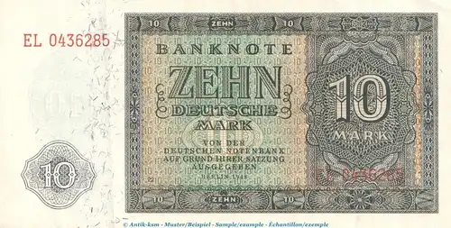Banknote , 10 Mark Schein in L-gbr. DDR-5, Ros.343, P.12 , von 1948 , Deutsche Notenbank