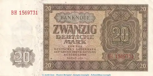Banknote , 20 Mark Schein in gbr. DDR-6, Ros.344, P.13 , von 1948 , Deutsche Notenbank