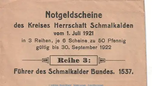 Notgeld Schmalkalden , Umschlag Serie 3 , Verkaufsverpackung zu Mehl Grabowski 1184.3 , von 1921 , Thüringen Seriennotgeld