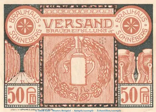 Notgeld Brauhaus Sonneberg 1242.1 , 50 Pfennig Schein in f-kfr. von 1921 , Thüringen Seriennotgeld