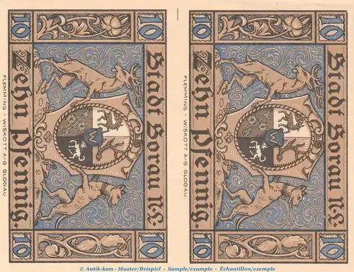 Notgeld Stadt Sorau 1247.1.b , 10 Pfennig --DOPPEL-Schein o.KN-- in kfr. von 1921 , Brandenburg Seriennotgeld