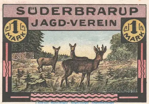 Notgeld Jagdverein Süderbrarup 1295.1.a , 1 Mark Schein in kfr. o.D. Schleswig Holstein Seriennotgeld
