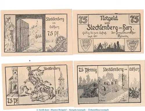Notgeld Gemeinde Stecklenberg 1258.4 , Set -79 x 52- mit 4 Scheinen in kfr. von 1921 , Sachsen Anhalt Seriennotgeld