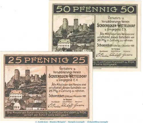 Notgeld Schönecken Wetteldorf 1198.1 , Set mit 2 Scheinen in kfr. von 1921 , Rheinland Seriennotgeld