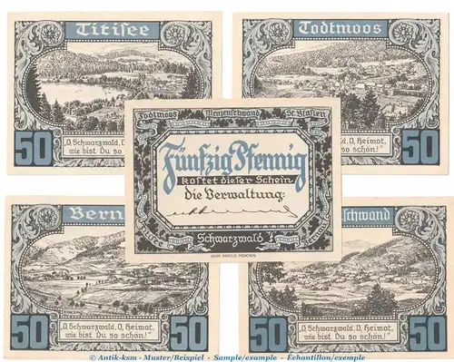 Notgeld Verwaltung St. Blasien 1165.1 , Set mit 5 Scheinen in kfr. o.D. Baden Württemberg Seriennotgeld