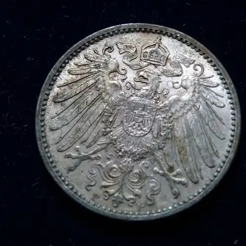 1 Mark 1908 F , Stuttgart , Silbermünze aus dem Kaiserreich , wir denken sehr schön bis vorzüglich , Jäger Nr. 17 , ungereinigt