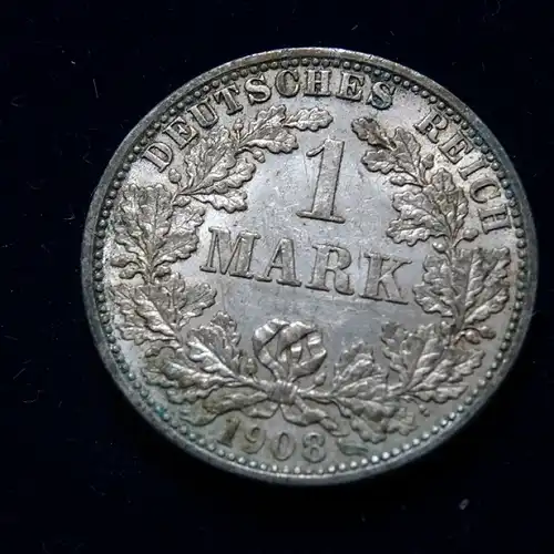 1 Mark 1908 F , Stuttgart , Silbermünze aus dem Kaiserreich , wir denken sehr schön bis vorzüglich , Jäger Nr. 17 , ungereinigt